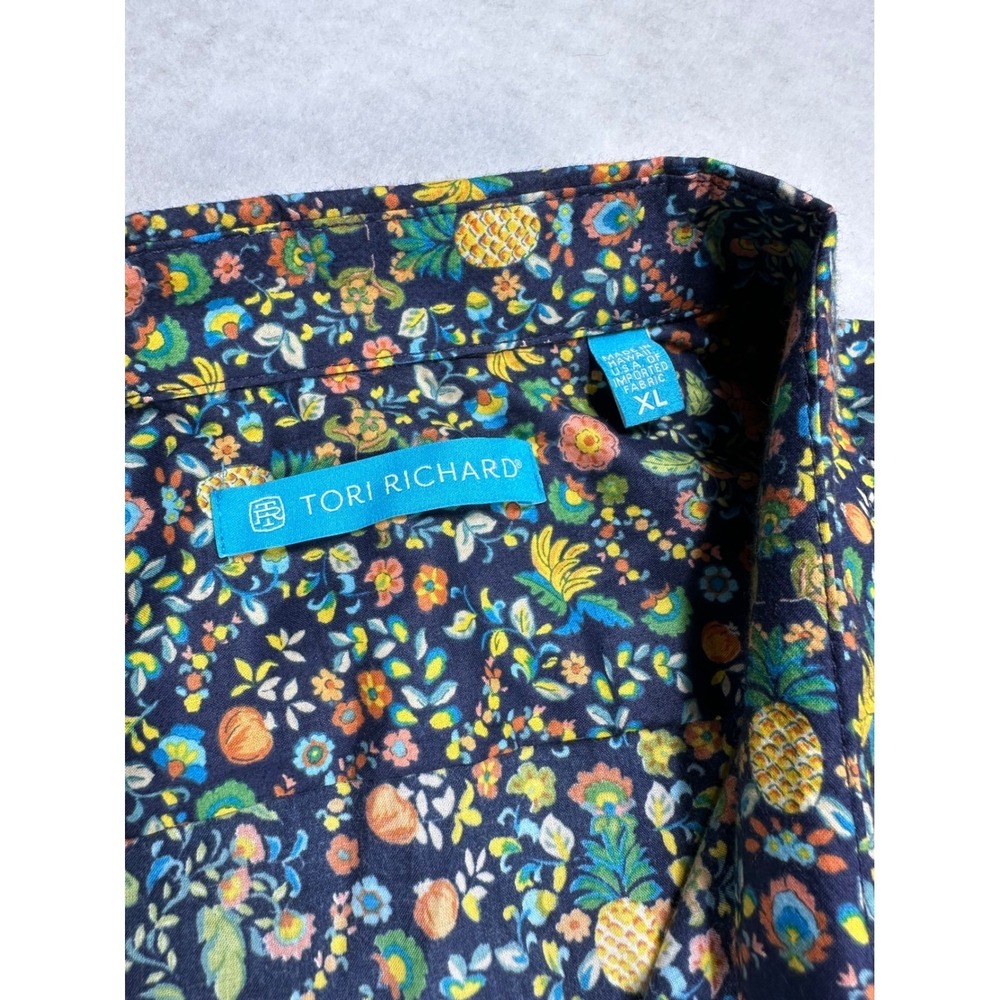 Tori Richard Mens XL Aloha Shirt Pineapple Floral Navy Blue Button Up Hawaii - Picture 3 of 7